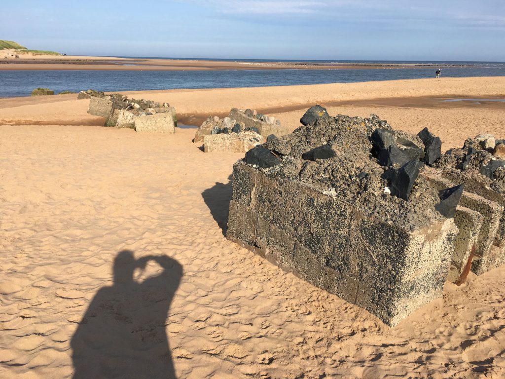 concrete defence bocks in a sandy beach leading to blue water and skies in the distance. The photographer's shadow stretches out on the sand.