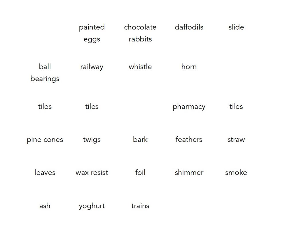 Words in black font, laid out in a grid on a white background. The words read: painted eggs, chocolate rabbits, daffodils, slide, ball bearings, railway, whistle, horn, tiles, pharmacy, tiles, pine cones, twigs, bark, feathers, straw, leaves, wax resist, foil, shimmer, smoke, ash, yogurt, trains