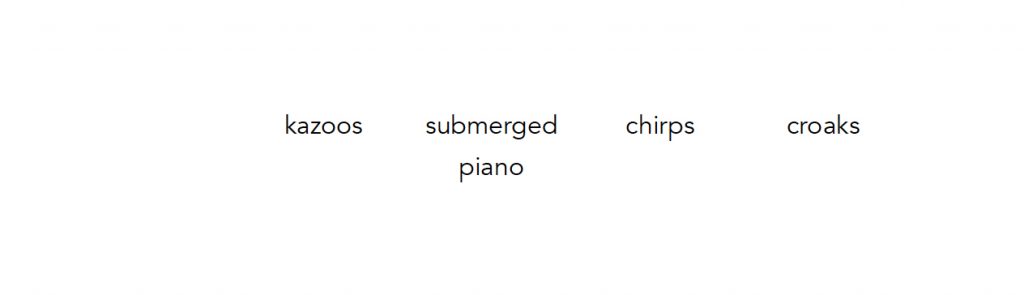 Words in black font, laid out in a grid on a white background. The words read: kazoos, submerged piano, chirps, croaks