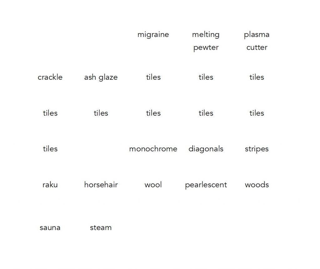 Words in black font, laid out in a grid on a white background. The words read: migraine, melting pewter, plasma cutter, crackle, ash glaze, tiles, tiles, tiles, tiles, tiles tiles, tiles, tiles, tiles, monochrome, diagonals, stripes, raku, hoursehair, wool, pearlescent, woods, sauna, steam