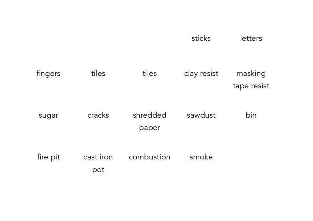 Words in black font, laid out in a grid on a white background. The words read: sticks, letters, fingers, tiles, tiles, clay resist, masking tape resist, sugar, cracks, shredded paper, sawdust, bin, fire pit, cast iron pot, combustion, smoke